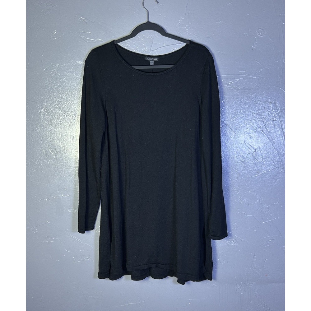 Eileen Fisher black long-sleeve tunic top relaxed Flowy Size Large Merino Wool